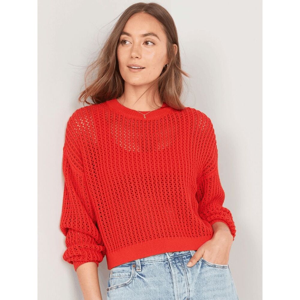 Old Navy Women's Long-Sleeve Cropped Crochet Sweater - Poppy Field XL - Picture 6 of 8